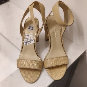NWT Jessica Simpson Gold and Tan Weave Boho Ankle Strap Heels